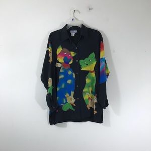 Simply Silk Vintage Abstract Cat Button Up Shirt M